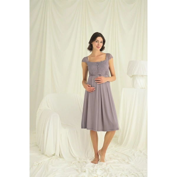 Dantelli Önü Düğmeli Hamile Lohusa Sabahlık Takımı