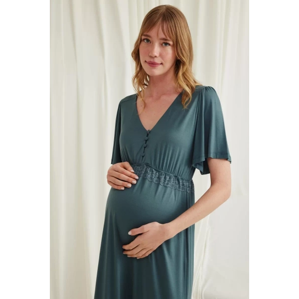 Dantelli Önü Düğmeli Hamile Lohusa Viskon Gecelik