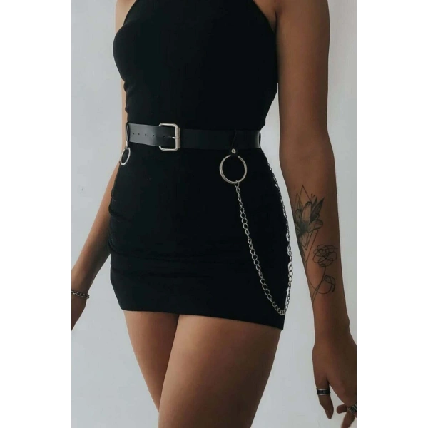Elbise Üzeri Zincirli Deri Şık Kemer Aksesuar Harness - Brf656