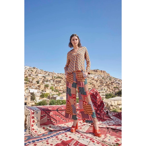 Etnik Desenli Saten Alt Üst Takım