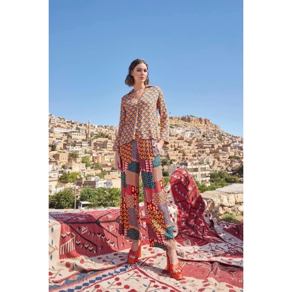 Etnik Desenli Saten Alt Üst Takım