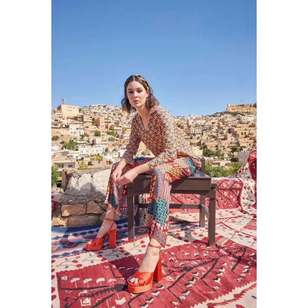 Etnik Desenli Saten Alt Üst Takım