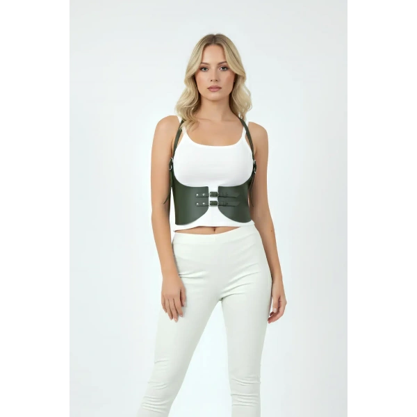 Haki Renk Kalın Kadın Kemeri, Deri Kemer Harness - Brf605