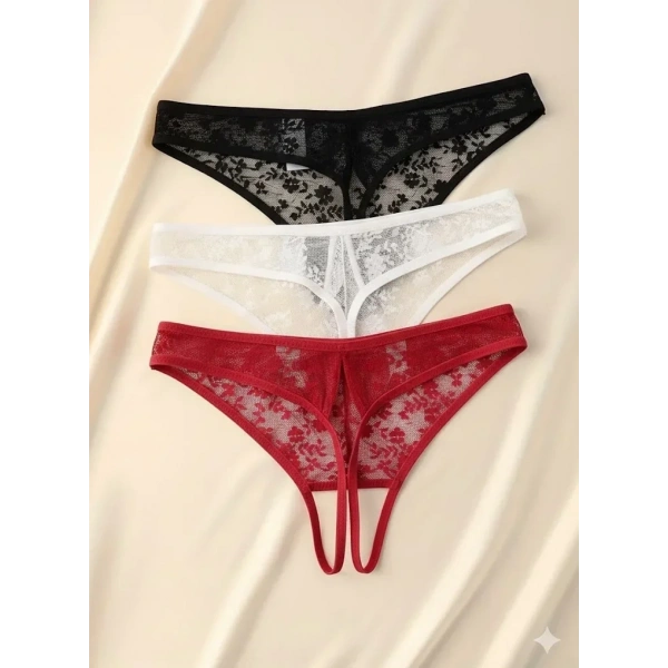 Kadın 3lü Seksi Ağ Bölgesi Açık Dantelli Tanga Seti