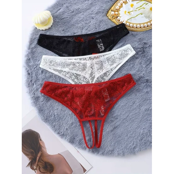Kadın 3lü Seksi Ağ Bölgesi Açık Dantelli Tanga Seti