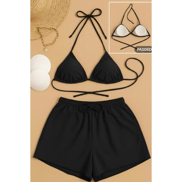 Kadın 3lü Set Siyah Şortlu Ve Yandan Bağlamalı Bikini Mayo Takımı