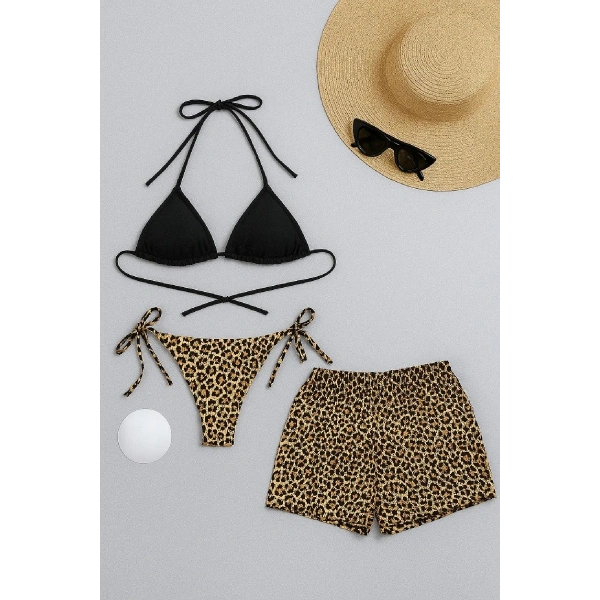 Kadın 3lü Set Siyah Ve Leopar Desenli Şortlu Yandan Bağlamalı Bikini Mayo Takımı