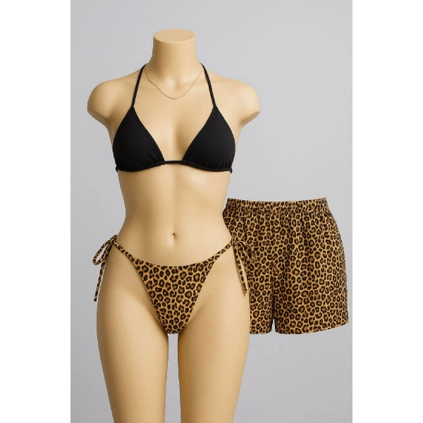 Kadın 3lü Set Siyah Ve Leopar Desenli Şortlu Yandan Bağlamalı Bikini Mayo Takımı