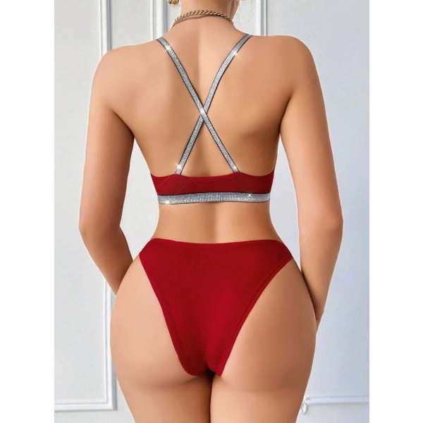 Kadın Bordo Love Yazılı Arkası Çarpraz Mayo Bikini 5169