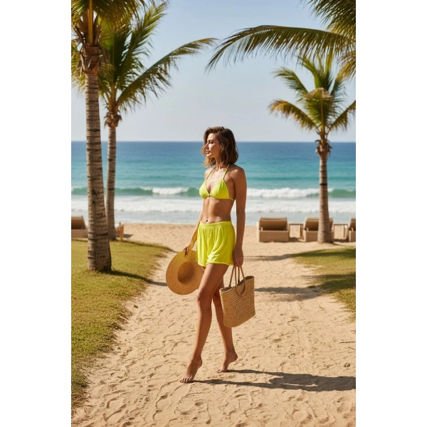 Kadın Fosforlu Şortlu Belden Ve Boyundan Bağlamalı Bikini Takımı