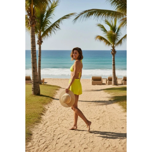 Kadın Fosforlu Şortlu Belden Ve Boyundan Bağlamalı Bikini Takımı