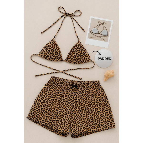 Kadın Leopar Desenli Şortlu Belden Ve Boyundan Bağlamalı Bikini Takımı