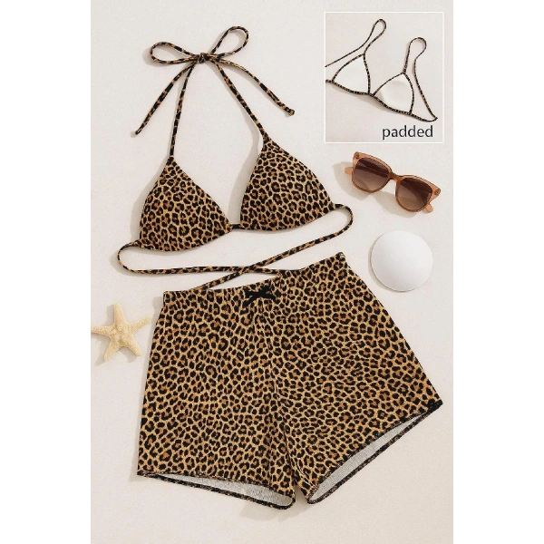 Kadın Leopar Desenli Şortlu Belden Ve Boyundan Bağlamalı Bikini Takımı
