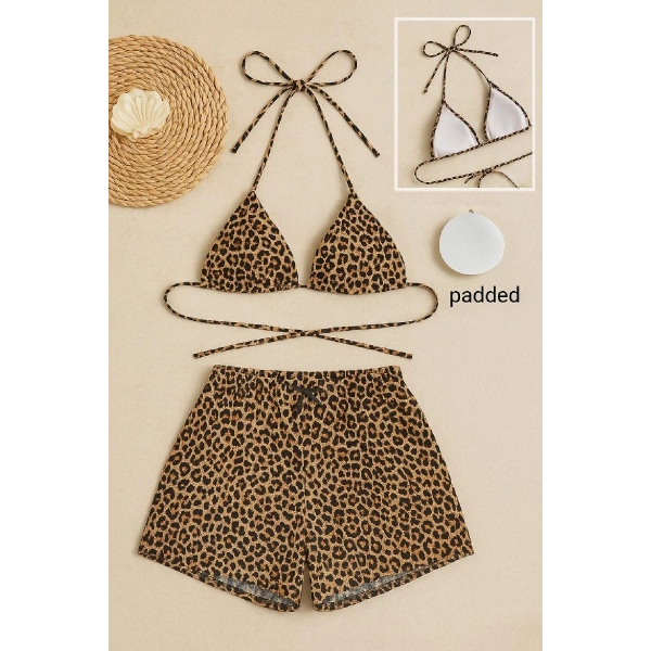 Kadın Leopar Desenli Şortlu Belden Ve Boyundan Bağlamalı Bikini Takımı