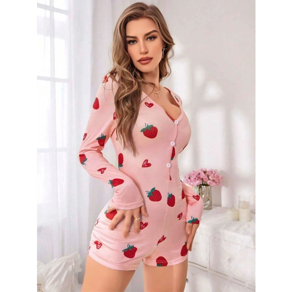 Kadın Pembe Çilek Desenli Pijama Tulumu 5125