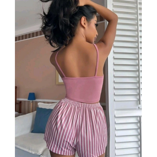 Kadın Pembe Çizgili Desen Askılı Şortlu Pijama Takım 9002