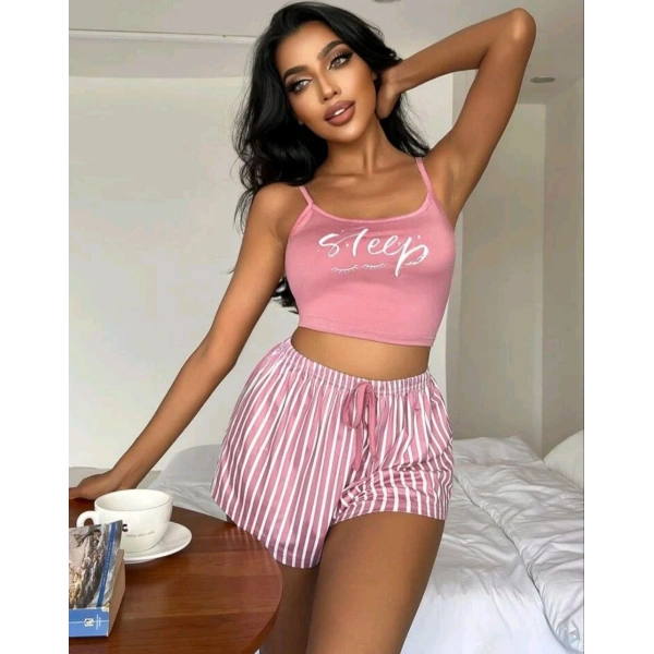 Kadın Pembe Çizgili Desen Askılı Şortlu Pijama Takım 9002