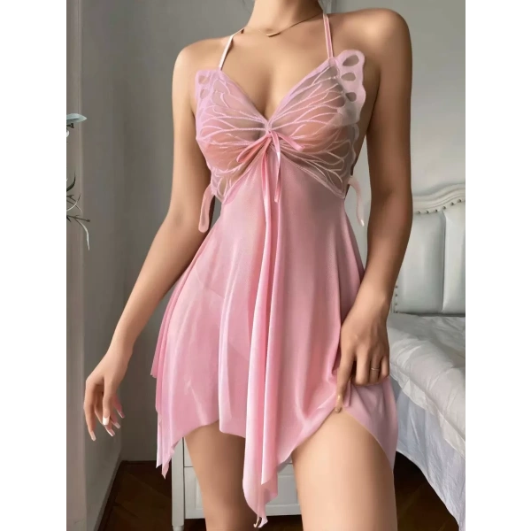 Kadın Pembe Kelebek Detaylı Tül Şık Tasarım Gecelik