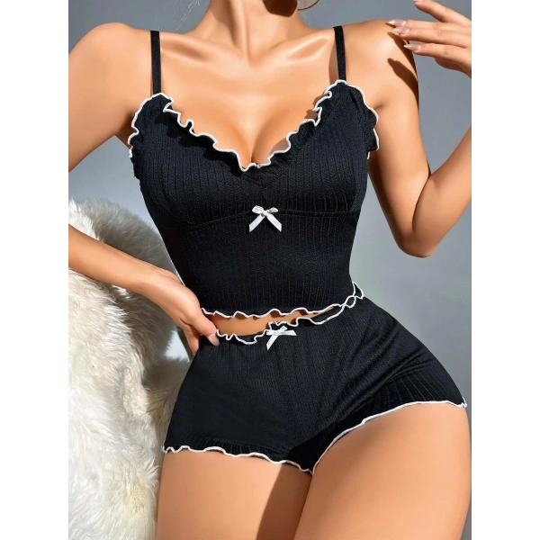 Kadın Siyah Fitilli Askılı Şortlu Pijama Takım 6659