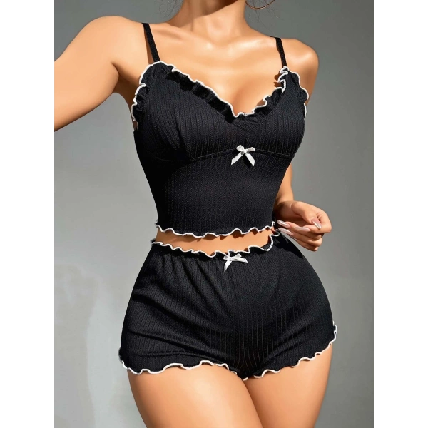 Kadın Siyah Fitilli Askılı Şortlu Pijama Takım 6659