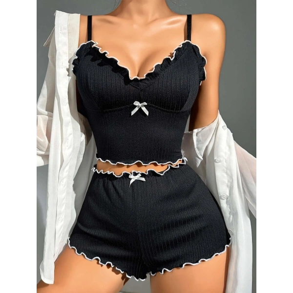 Kadın Siyah Fitilli Askılı Şortlu Pijama Takım 6659
