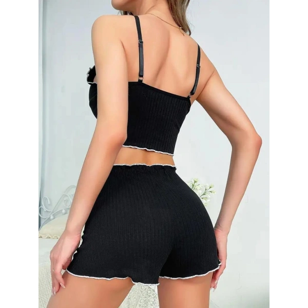 Kadın Siyah Fitilli Askılı Şortlu Pijama Takım 6659