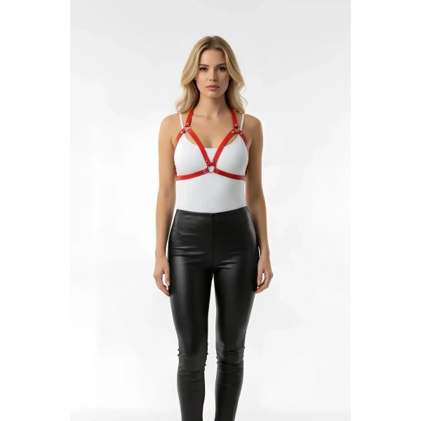 Kırmızı Göğüs Harness Suni Deri Zımba Detaylı - Brf25