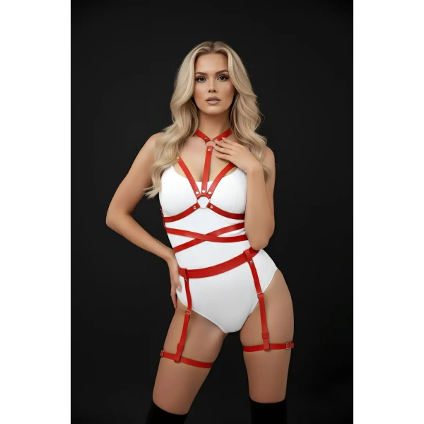 Kırmızı Harness Takım Deri Vücut Jartiyerli Aksesuar - Brf122