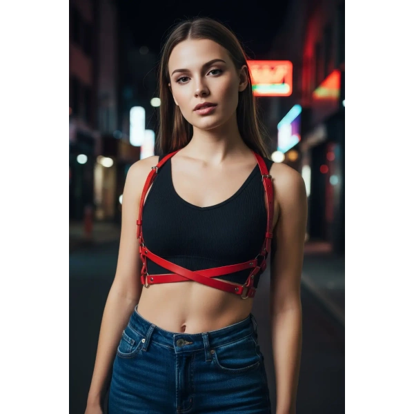 Kırmızı Kadın Kemer Deri Çapraz Halkalı Gövde Aksesuarı - Brf204