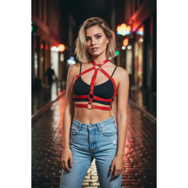 Kırmızı Kadın Kemer Suni Deri Çapraz Vücut Aksesuarı - Brf218