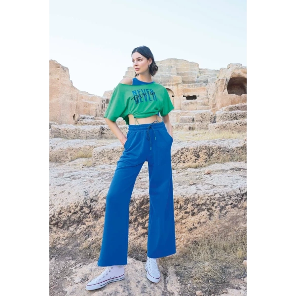 Kısa Kollu never Give Up 3lü Crop Eşofman Takımı