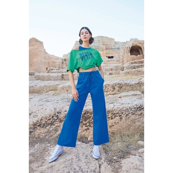 Kısa Kollu never Give Up 3lü Crop Eşofman Takımı