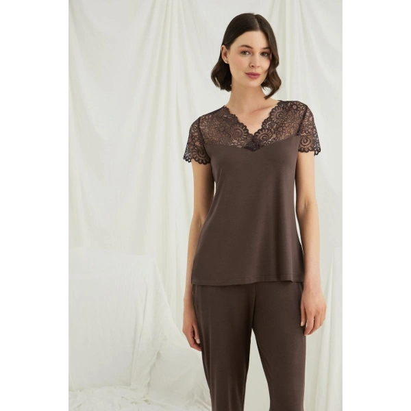 Kısa Kollu Ve Dantelli V Yaka Pijama Takımı