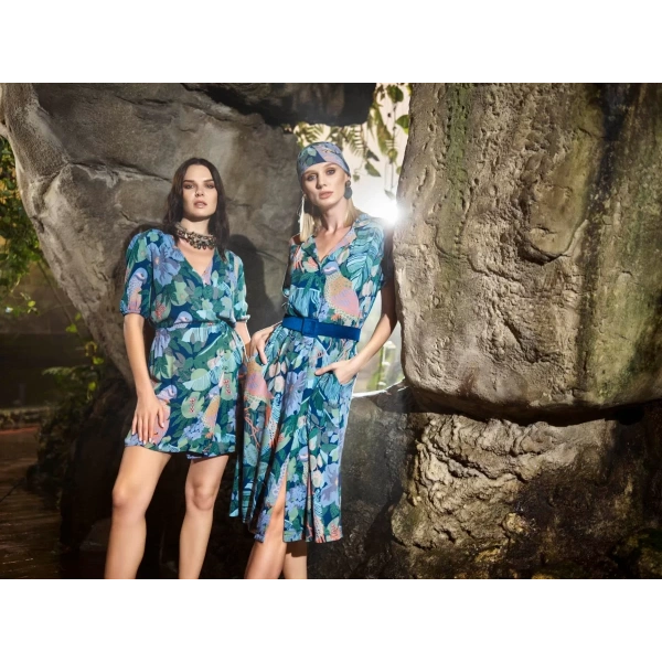 Kuş Ve Yaprak Desenli Önü Düğmeli Elbise