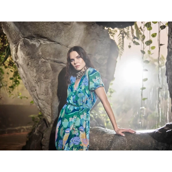 Kuş Ve Yaprak Desenli Önü Düğmeli Elbise