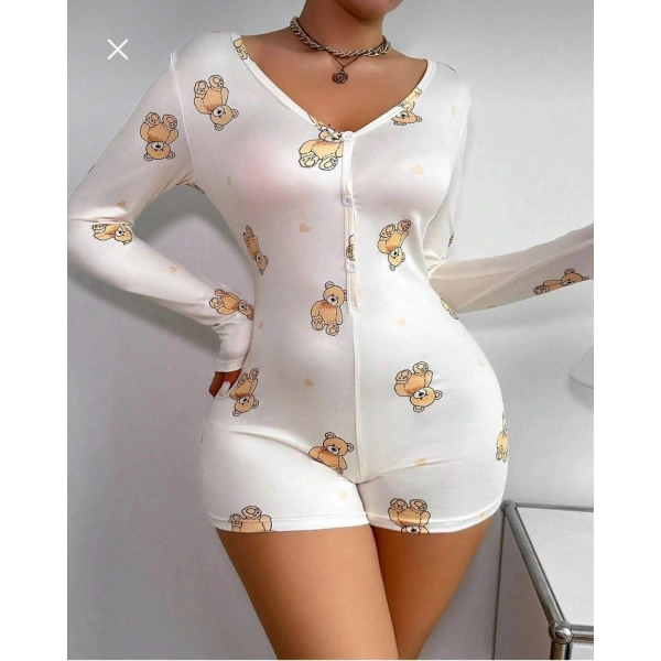 Pamuklu Beyaz Ayıcık Desenli Düğmeli Uzun Kol Tulum Pijama