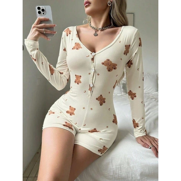 Pamuklu Ekru Ayıcık Desenli Düğmeli Tulum Pijama