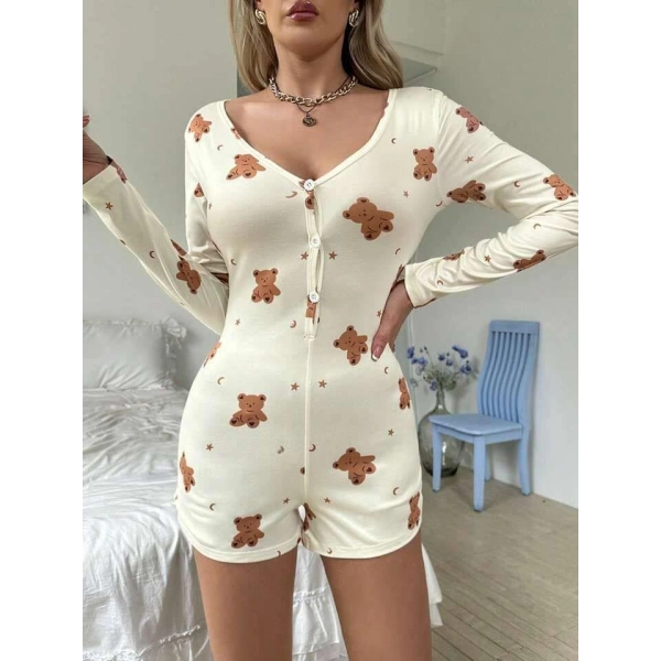 Pamuklu Ekru Ayıcık Desenli Düğmeli Tulum Pijama