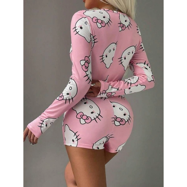 Pamuklu Pembe Hello Kitty Desenli Düğmeli Uzun Kol Tulum Pijama