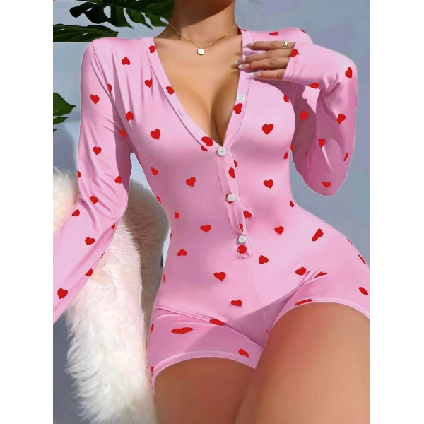Pamuklu Pembe Kalp Desenli Düğmeli Tulum Pijama