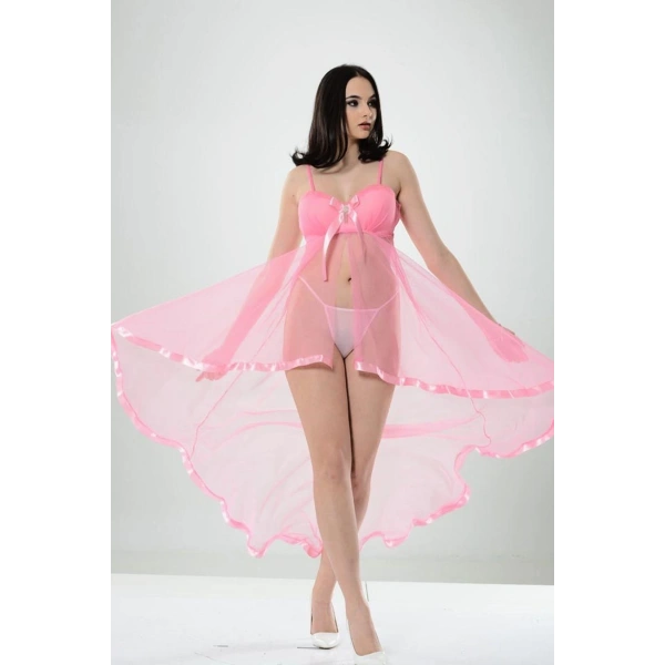 Pembe Petli Tül Şifon Gecelik - 230