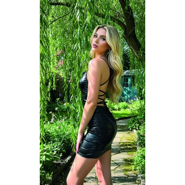 Sırt Dekolteli Parlak Siyah Mini Deri Elbise