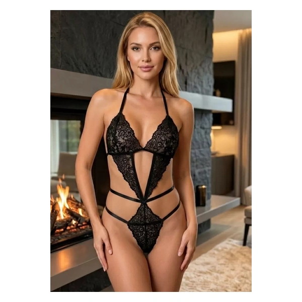 Siyah Dantel Bodysuit - 919