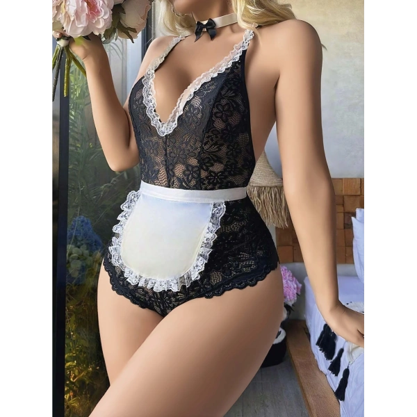 Siyah Dantel İşlemeli Kurdelalı Fransız Hizmetçi Kostümü