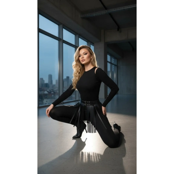 Siyah Etek Suni Deri Etek Püsküllü Mini Etek Boy - Brf1400