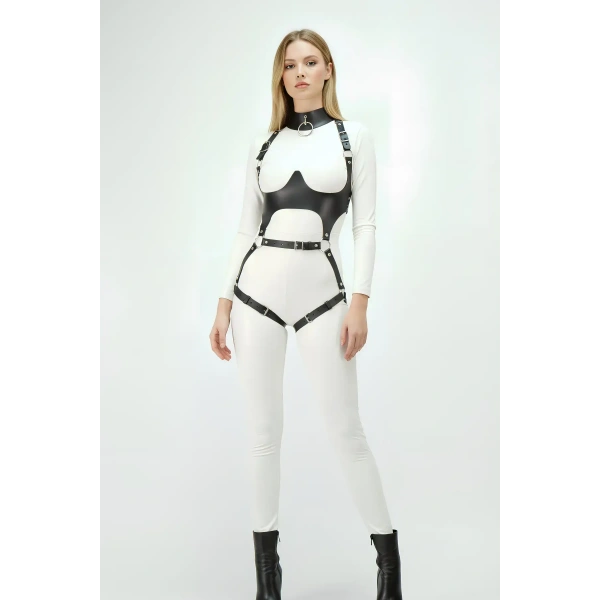 Siyah Göğüs Harness Deri Tokalı Vücut Korse - Brf1402