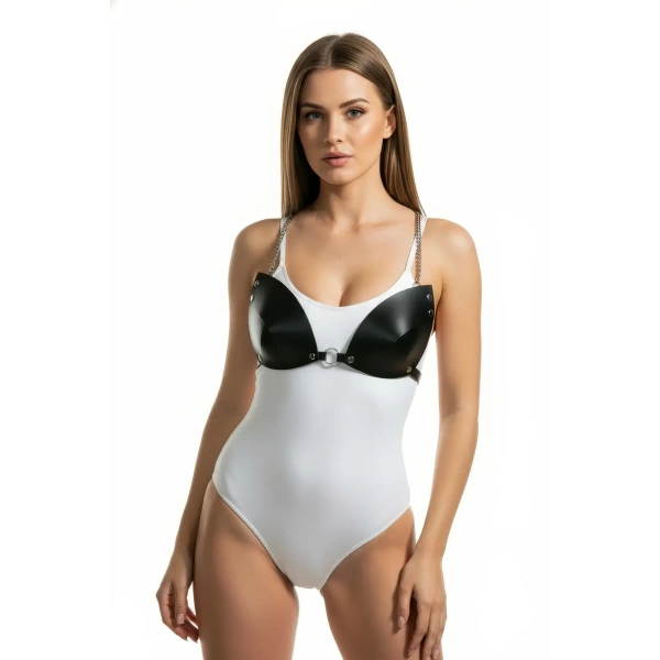 Siyah Göğüs Harness Deri Zincir Detaylı Büstiyer - Brf1227