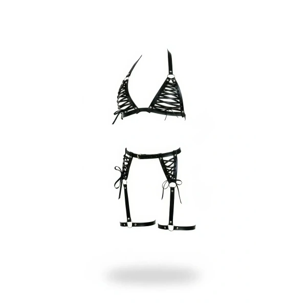 Siyah Harness Takım Çapraz Bağlamalı Suni Deri - Brf1389