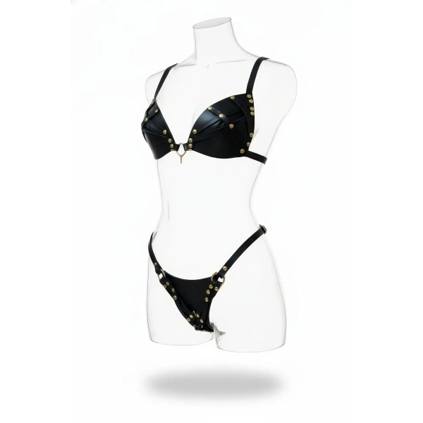 Siyah Harness Takım Suni Deri Zımba Detaylı - Brf1391