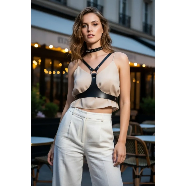 Siyah Kadın Kemer Deri Göğüs Üstü Vücut Aksesuarı - Brf1299